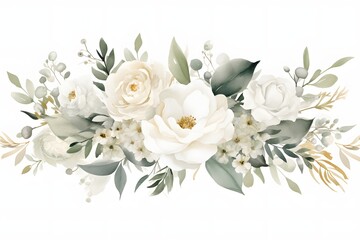 Obraz na płótnie Canvas Watercolor floral. Watercolor bouquet of white green roses isolated, for wedding stationary, greetings, textile, wallpapers, fashion, wrappers, card. Illustration. Generative AI.