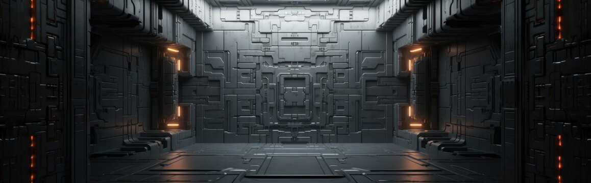 Dark color Scifi design external panels abstract. Wide format. Hand edited generative AI.
