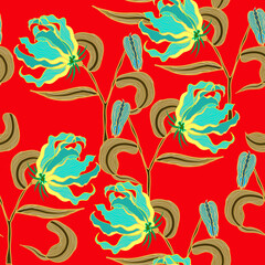 Tropical leaves and bright red tropical flowers seamless background. Bright color fabric concept, wallpaper, cosmetic, perfume and medical factory