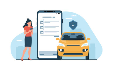 Car insurance concept. A woman draws up an insurance policy for a car online on a smartphone. Vector illustration.