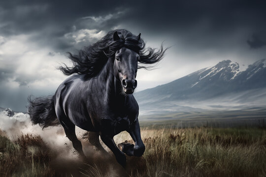 beautiful wild shiny black stallion horse galloping across a vast rugged landscape