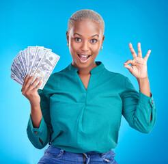 Woman portrait, okay sign and money fan for bonus, financial success and winning, finance loan with...