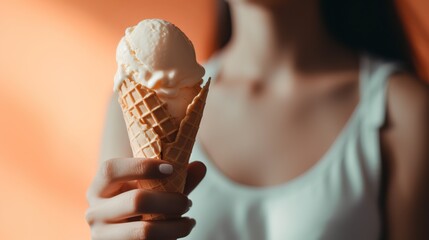Woman holding an ice cream in a waffle cone. Focus on ice cream. Generated ai.