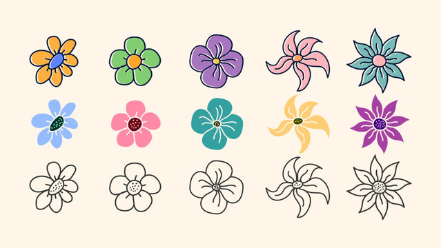 set of flowers on white for greeting cards, Easter, thanksgiving. Hand drawn elements