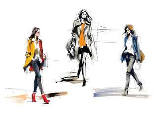 Set of vector illustrations: fashionably dressed women are walking. Fashion sketch made with watercolors and markers, expressive line.