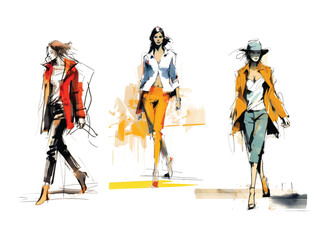 Fototapeta na wymiar Set of vector illustrations: fashionably dressed women are walking. Fashion sketch made with watercolors and markers, expressive line.