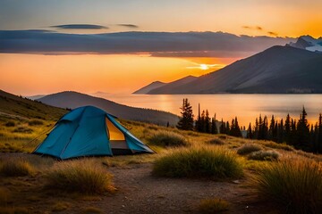 Obraz premium Serenade of Solitude: Experience the Enchanting Romance of a Mountain Sunset Camping Retreat!