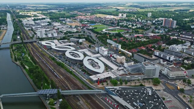 Drone shot of Designer Outlets Wolfsburg , a Outlet mall in Wolfsburg , Germany