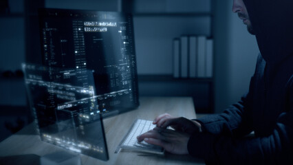 Futuristic cyber hacker operating under the guise of Anonymous, employs advanced algorithms to...