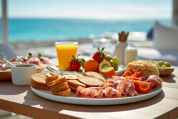 Frühstück im Urlaub unter freiem Himmel mit Blick auf das Meer im Sonnenschein. - 619816358