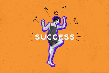 Creative abstract template graphics collage image of lucky excited lady achieving success isolated orange color background