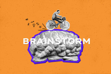 Exclusive magazine picture sketch collage image of funny guy riding bike brainstorming brain isolated creative background