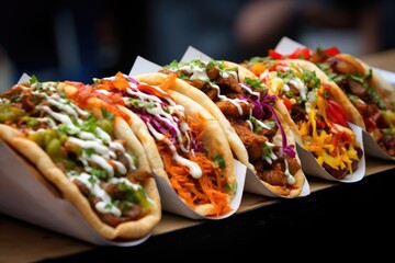 Tacos filled with flavorful meats, fresh vegetables, and vibrant toppings. Maxican food. Generative AI