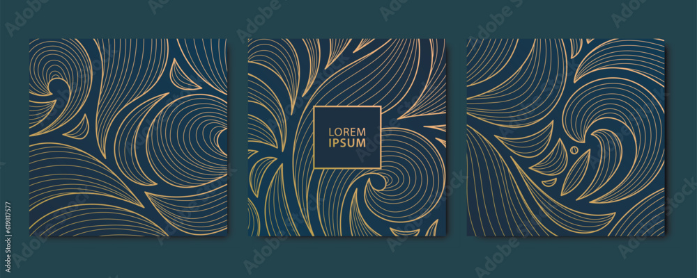 Wall mural Vector set of abstract luxury golden square cards, wave post templates for social net, leaves botanical modern, art deco wallpaper background. Line floral patterns in japanese style.