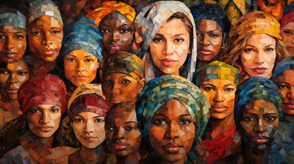 Mosaic painting of a group of diverse, multicultural women's faces. Scene depicts diversity, multiculturalism, inclusion, race, culture, unity, global harmony and togetherness.