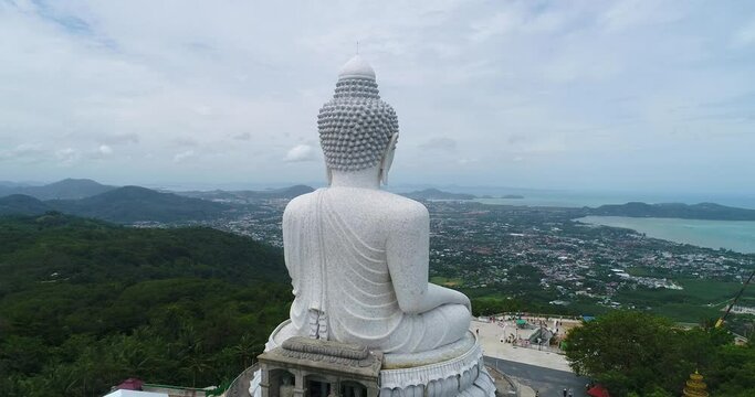 Aerial landscape view ,The Big Buddha or Phra Phuttha Ming Mongkhon Aknakakhiri, the big white Buddha statue on the top of the mountain, Phuket, Thailand landmark.