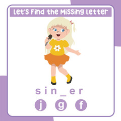 Find the missing letter singer worksheet for kids learning professions in English. Educational alphabetic game. Printable worksheet for preschool.  Spelling and writing practise page for children. 