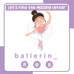 Find the missing letter ballerina worksheet for kids learning professions in English. Educational alphabetic game. Printable worksheet for preschool.  Spelling and writing practise page for children. 