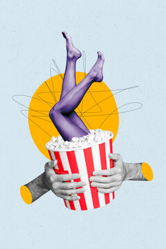 Design picture collage illustration of epilation nice woman legs inside bucket pop corn eat food entertainment isolated on grey background