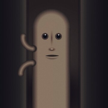 A surreal, expressionless, simplistic, wooden totem character. Digital illustration
