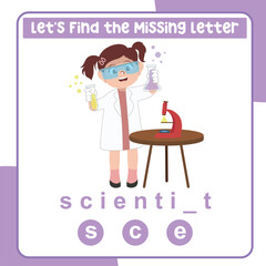 Find the missing letter scientist worksheet for kids learning professions in English. Educational alphabetic game. Printable worksheet for preschool.  Spelling and writing practise page for children. 