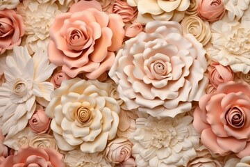 Flower texture background for wedding scene. Artificial flowers on the wall. Banner for website