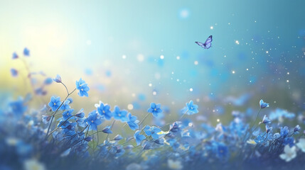 Fototapeta na wymiar A field of blue flowers with a butterfly flying over them, Generative AI