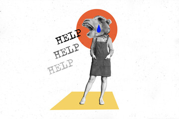 Magazine sketch collage comics of unusual cartoon personage ask help suffer stress mental heath...