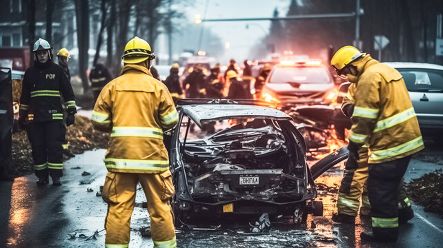 Paramedics and Firefighters arrive on the Car Crash Traffic Accident scene. First Aid and Extinguishing.