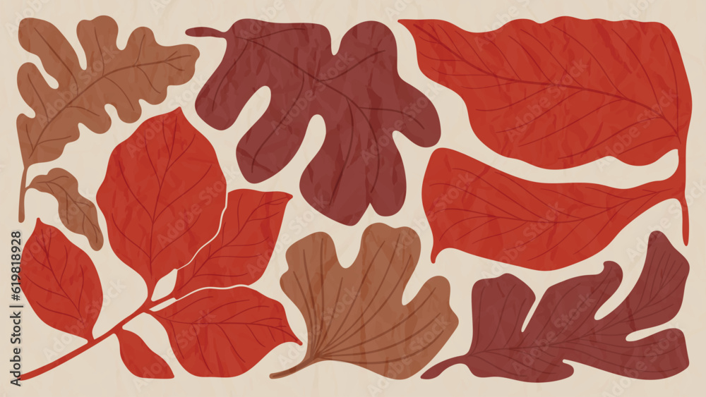 Wall mural abstract art autumn background vector. botanic fall season hand drawn pattern design with oak leaves