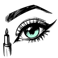 Illustration of an eye and eyelashes sketch. Vector of a black and white drawing with makeup and cosmetics