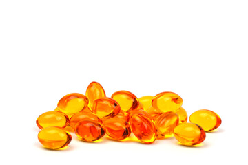 Fish oil, Omega-3, lecithin, DHA, Vitamins capsules on white background. Healthy Vitamins, healthy supplements, rice bran oil, extraction oil capsules.
