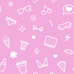 Fototapeta premium Girl power seamless pattern. White sketched girlish elements on baby pink background. Cute feminine allover print with ice cream, bra, lipstick and hearts, icons