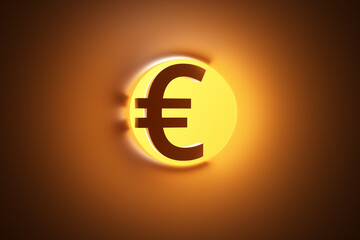 Close-up of Euro currency icon in yellow tunnel. 3d rendering illustration