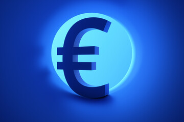 Close-up of the Euro currency icon in the blue tunnel. 3d rendering illustration