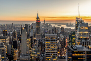 New York City skyline at sunset aerial view
