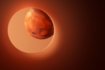 Planet Mars at the end of the tunnel on an orange background. 3d rendering illustration.