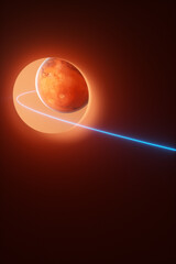 Planet Mars at the end of the tunnel on an orange background with a neon blue beam of path around the planet. 3d rendering illustration.