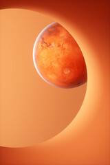 Planet Mars at the end of the tunnel on an orange background. 3d rendering illustration.