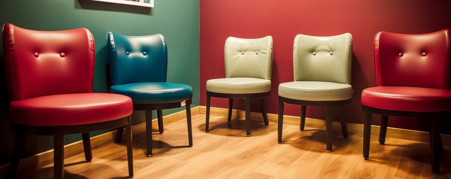 Colourful empty vintage chairs in corner of a room, AI generated image
