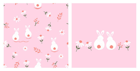 Seamless pattern with bunny rabbit cartoons, branch and daisy flower on pink background vector illustration.