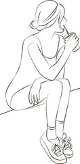 line drawing of young woman sitting with cup of coffee or tea.