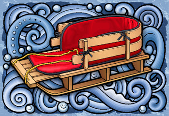 Cartoon cute doodle hand drawn sled illustration.
