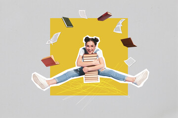 Poster magazine sketch collage of positive cute girl sit hug pile stack books adore reading fantasy...