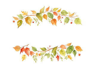 Watercolor banner of autumn leaves and branches on transparent background ,generative ai