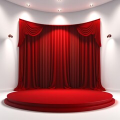 podium platform for product display with red and white cinema curtain made with Generative AI
