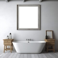 Naklejka na ściany i meble Blank white photo art frame mock up design showcase in modern bathroom Generative AI 