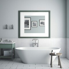 Obraz na płótnie Canvas Blank white photo art frame mock up design showcase in modern bathroom Generative AI 