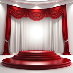 podium platform for product display with red and white cinema curtain made with Generative AI