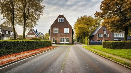 Fototapeta na wymiar Asphalt roadway against dwelling building exteriors and meadows with trees in Utrecht Netherlands. Generative AI